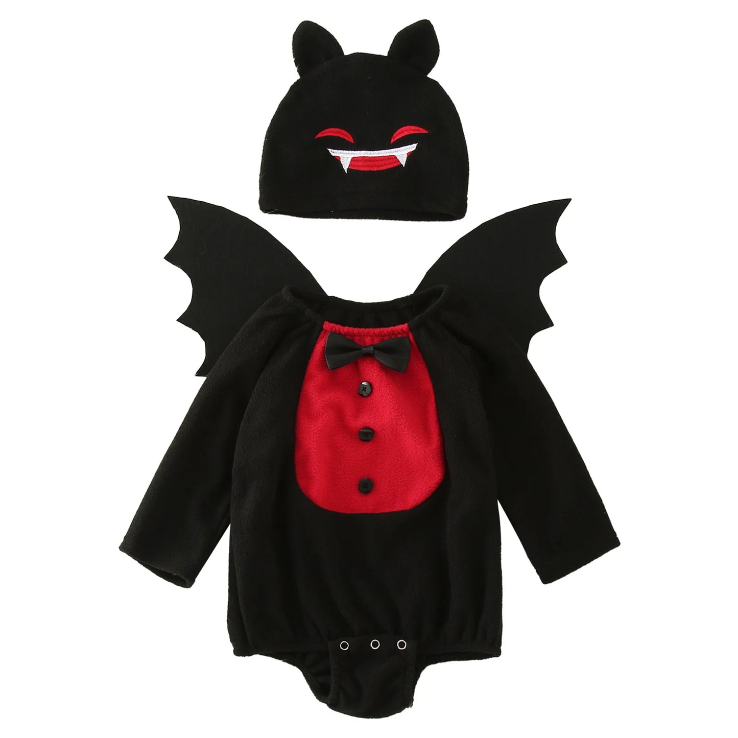 Infant Baby Boys Girls Halloween Bat Costume Romper Bodysuit Wings Hat 3pcs Set Fleece 2 Color Devil Vampire