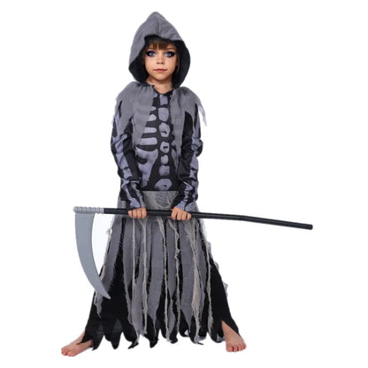 Skeleton Grim Reaper Costume Girls Scary Costumes Kids Halloween Deluxe Costume Set Scythe Chain Soultaker Dress Up Rave Party