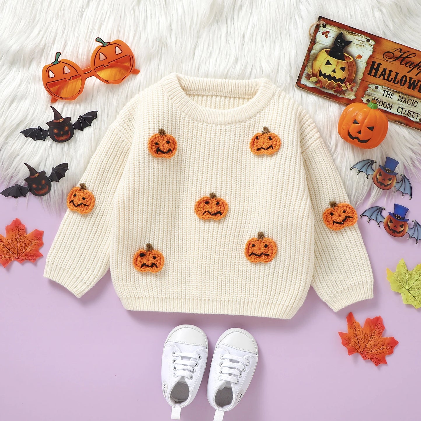 Newborn Baby Girls Boys Winter Sweater Halloween Long Sleeve Crew Neck Pumpkin Warm Pullover Tops Kids Jumper Clothes