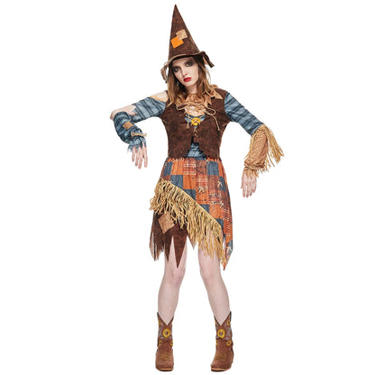 Women Wicked Scarecrow Cosplay Halloween Costumes Stage Show Performance Costume With Hat Carnival Purim Fancy Dress