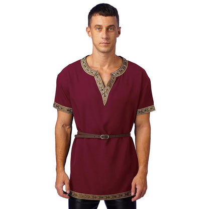 Mens Medieval Renaissance Viking Tunic Tops Halloween Party Roman Knight Cosplay Costumes Short Sleeve Retro Shirt Top with Belt