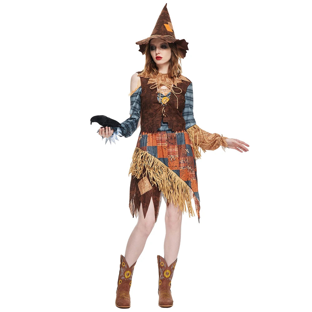 Women Wicked Scarecrow Cosplay Halloween Costumes Stage Show Performance Costume With Hat Carnival Purim Fancy Dress