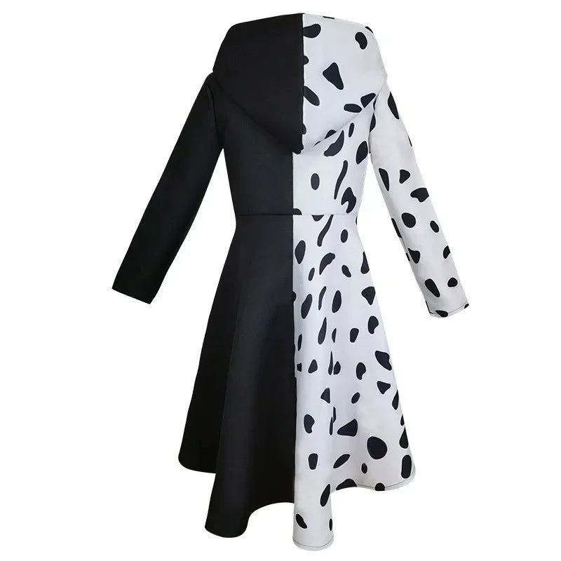 Women Evil Madame Cruella De Vil Cosplay Costume Gown Black White Hoodie Dress Gloves Suit Halloween Carnival Masquerade Clothes