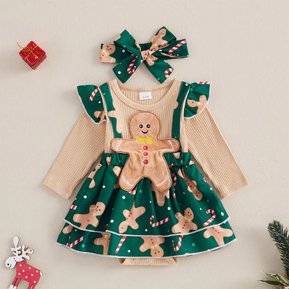 Baby Girls 2Pcs Christmas Outfits Long Sleeve Santa Gingerbread Romper Dress Headband Set Newborn Clothes