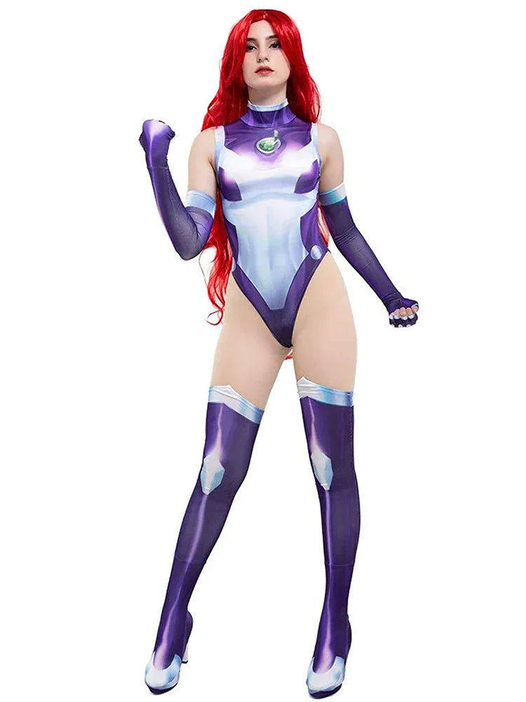 Teen Titans Starfire Koriand'r Cosplay Costume Superhero Jumpsuit Zentai Bodysuit Halloween Carnival Party Costumes for Women