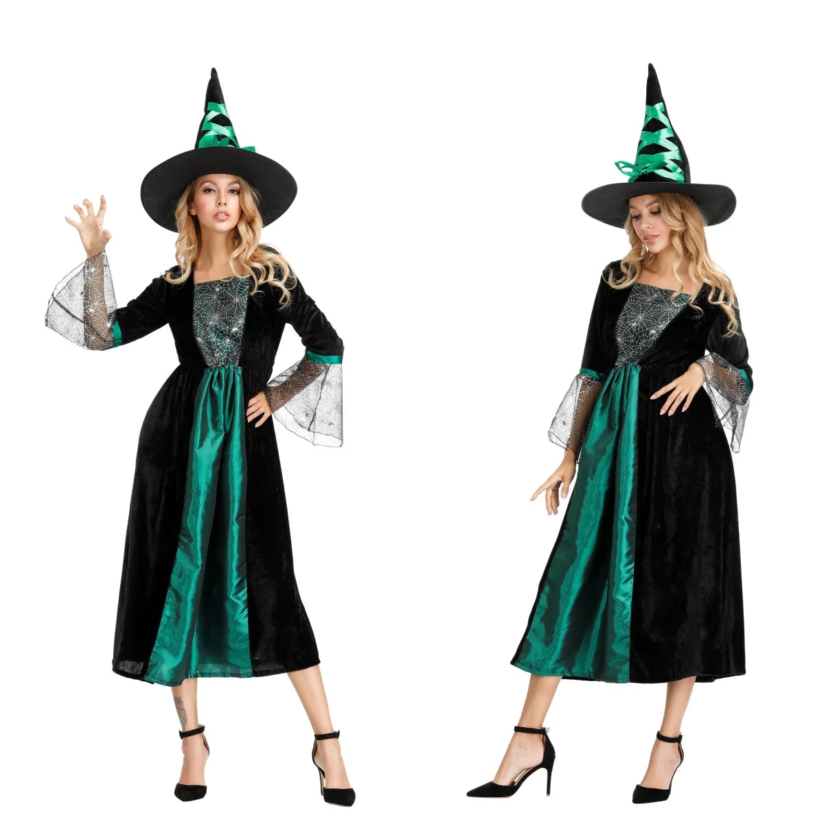 Witch Costume Women Long Sorceress Classic Dress Adult Renaissance Outfits Halloween Dress-up Disguise Role Playing Party Outfit