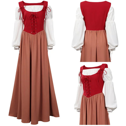 Women Renaissance Medieval Long Dress with Lace-Up Bodice and Puff Sleeves for Halloween and Costume Role Play