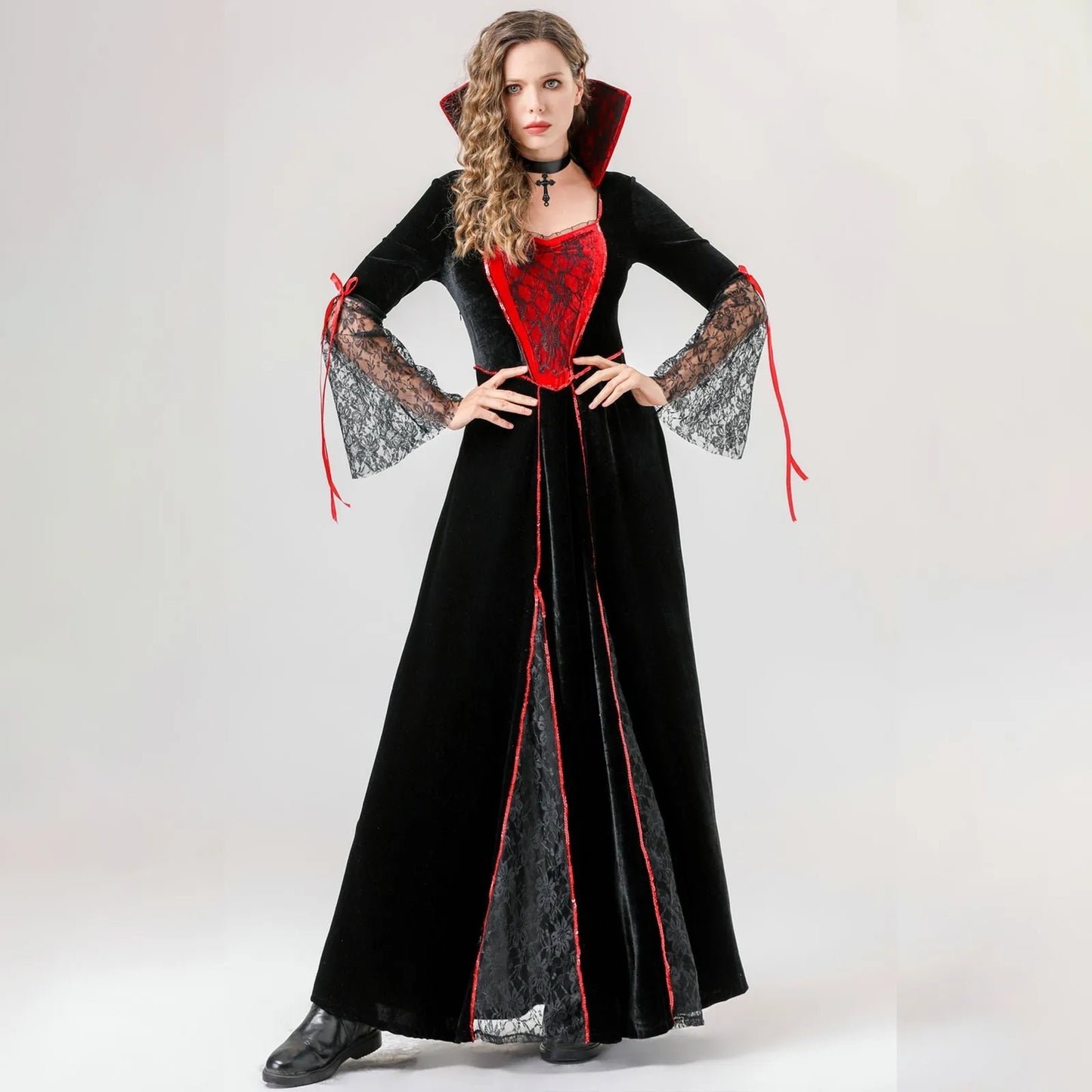 Women'S Halloween Costumes Red And Black Cos Vampire Long Dress Costume With Neck Ornaments Set Exquisite Mesh Patchwork Dresses