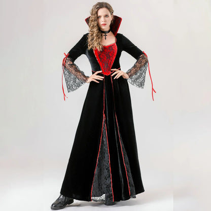 Women'S Halloween Costumes Red And Black Cos Vampire Long Dress Costume With Neck Ornaments Set Exquisite Mesh Patchwork Dresses