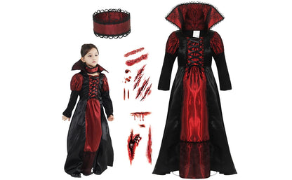 Girls Halloween Costume Vampire Dress Up Child Vampiress Role Play Carnival Party Cosplay Outfits with Stickers