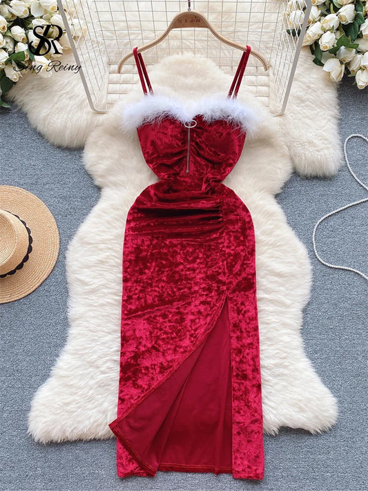 Strap Plush Velvet Long Dress Autumn Inside Elastic Ruched Slim Backless Christmas Cosplay Sexy Dress