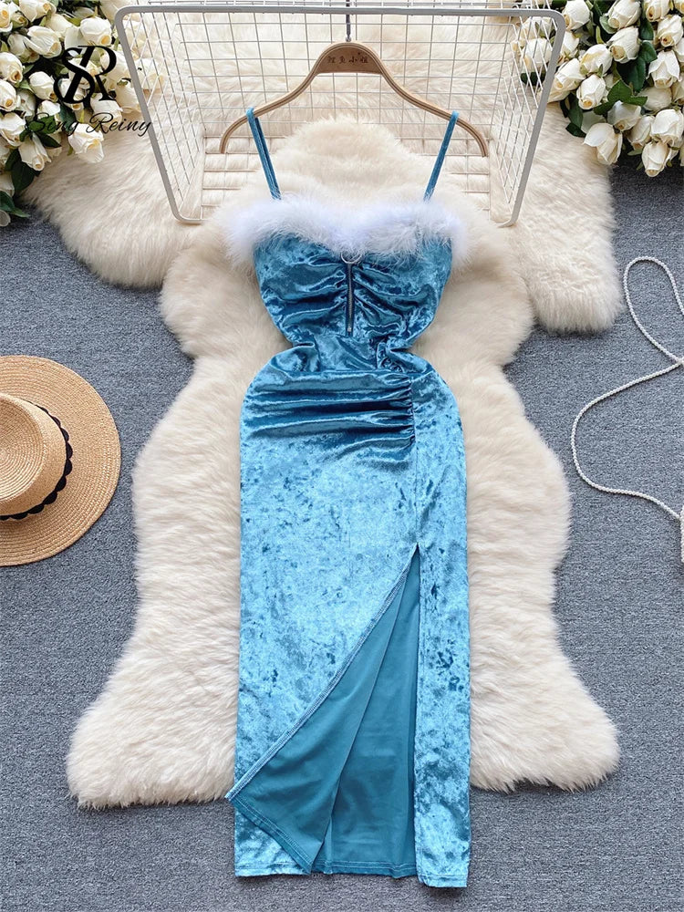 Strap Plush Velvet Long Dress Autumn Inside Elastic Ruched Slim Backless Christmas Cosplay Sexy Dress