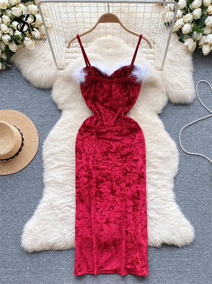 Strap Plush Velvet Long Dress Autumn Inside Elastic Ruched Slim Backless Christmas Cosplay Sexy Dress