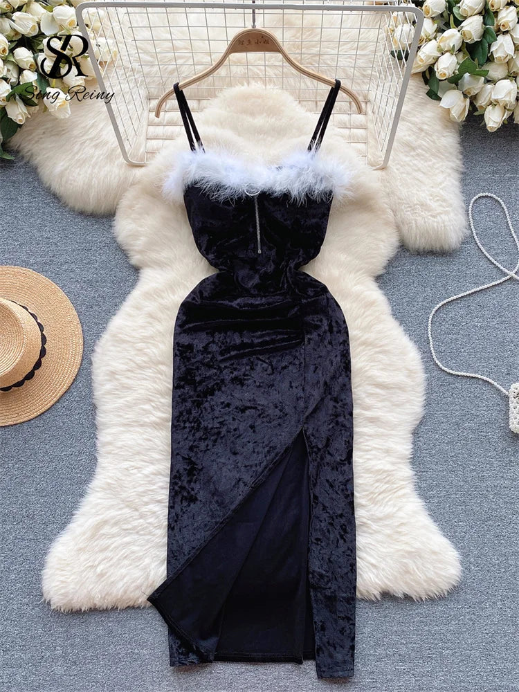 Strap Plush Velvet Long Dress Autumn Inside Elastic Ruched Slim Backless Christmas Cosplay Sexy Dress