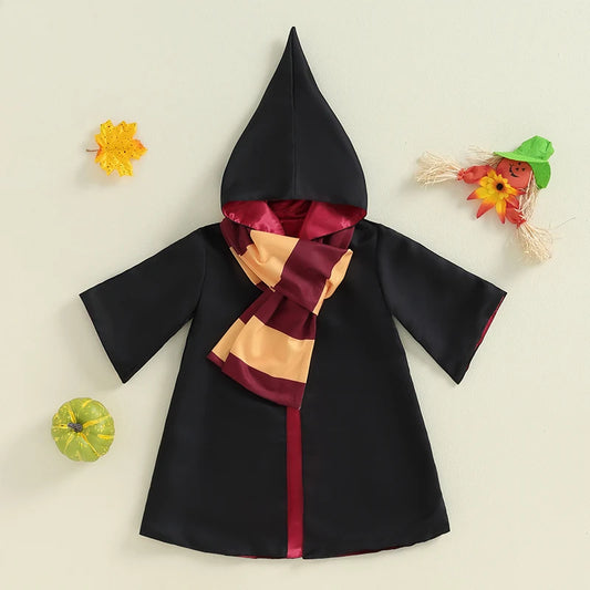 Kid Halloween Witch Costume Long Sleeve Hood Wizard Cloak with Scarf 2 Pcs Cosplay Clothes Set