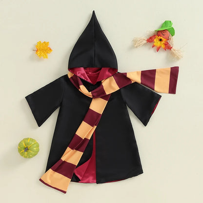 Kid Halloween Witch Costume Long Sleeve Hood Wizard Cloak with Scarf 2 Pcs Cosplay Clothes Set