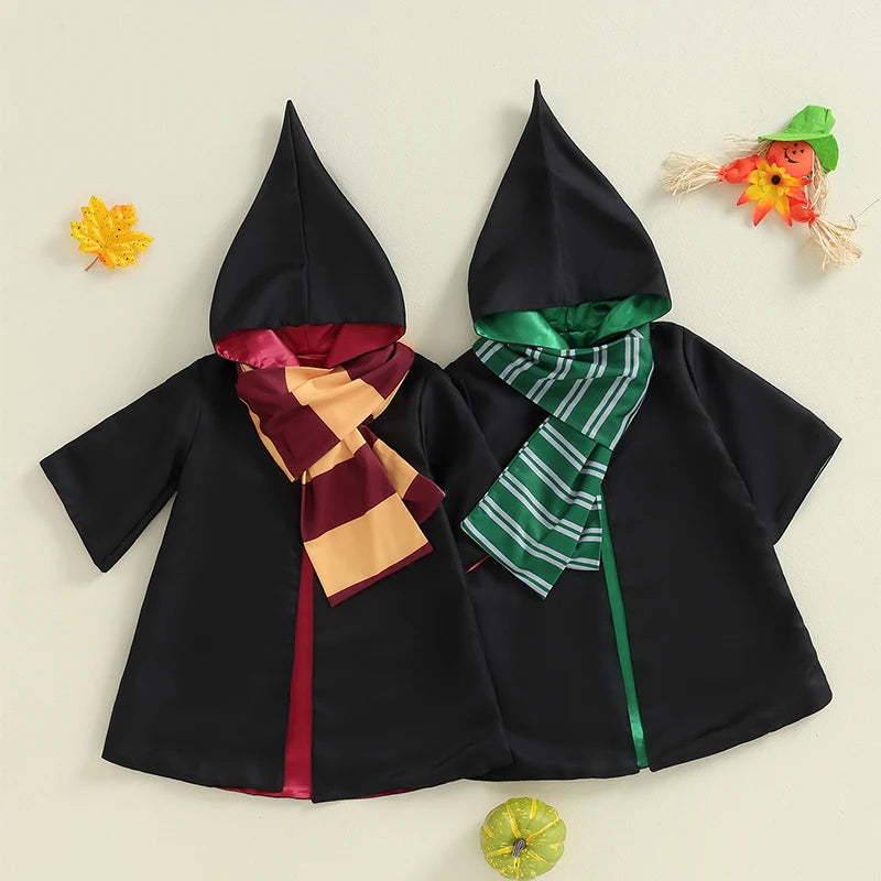 Kid Halloween Witch Costume Long Sleeve Hood Wizard Cloak with Scarf 2 Pcs Cosplay Clothes Set