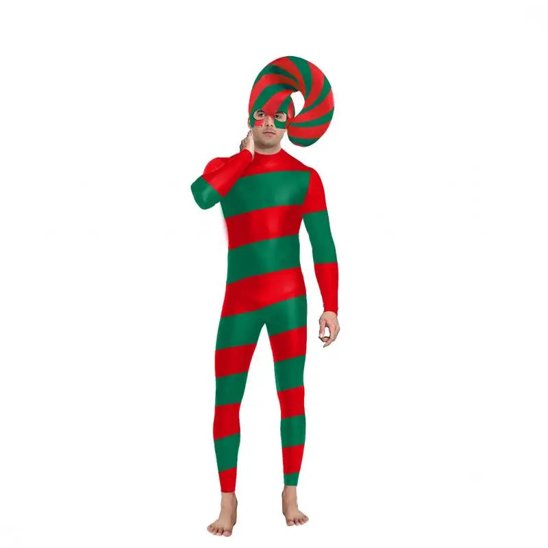 Color Cosplayer Candy Cane Jumpsuit Stripe Cosplay Costume Halloween Outfit Festival Bodysuit Christmas Party Zentai Suit