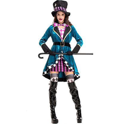 Adult Women Miss Mad Hatter Fancy Dress Halloween Gothic Deluxe Ladies Cosplay Fancy Dress with Hat Suit 40