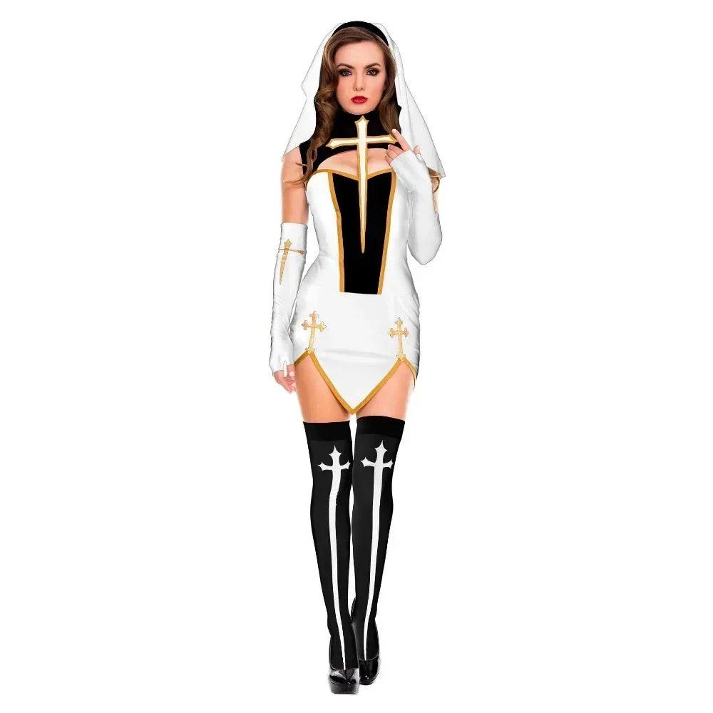 New Nun Dress Jumpsuits Gloves Stocking Women Cos Performance Costume Game Uniform Dress