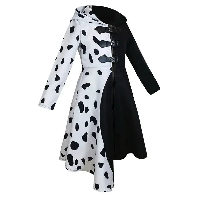 Women Evil Madame Cruella De Vil Cosplay Costume Gown Black White Hoodie Dress Gloves Suit Halloween Carnival Masquerade Clothes