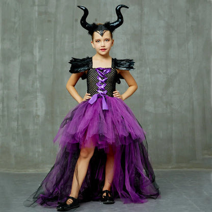 Maleficent Halloween Costume Maleficent Tulle Dresses Girls Cosplay Evil Queen Purple Mesh Princess Dress Kids Crow Wand