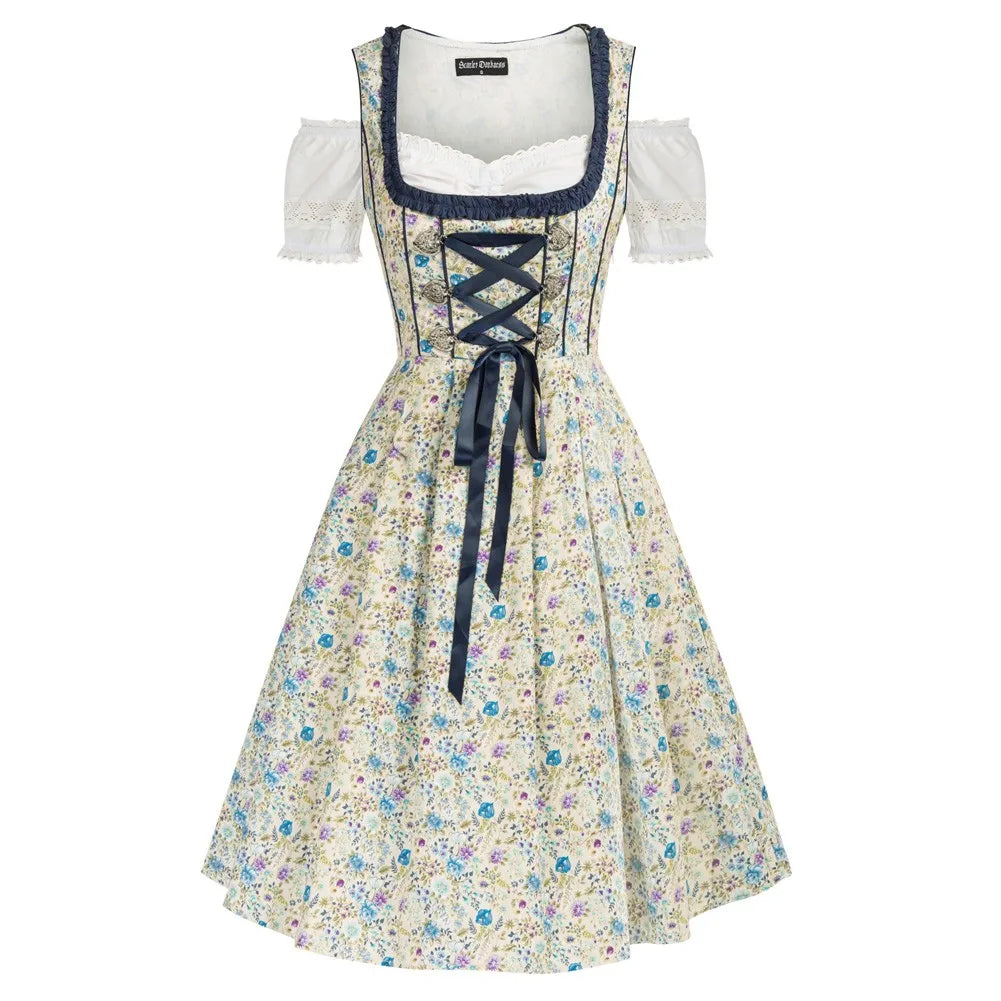 3pcs Set Tops+Cotton Dress+Apron Women German Bavarian Oktoberfest Costumes Ladies Vintage Beer Festival Floral Printing Dress