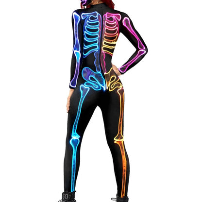 Women Long-sleeved Tight Jumpsuit Halloween Colorful Fluorescent Skeleton Print Tight Version Ladies Joint Sexy Club Clothes