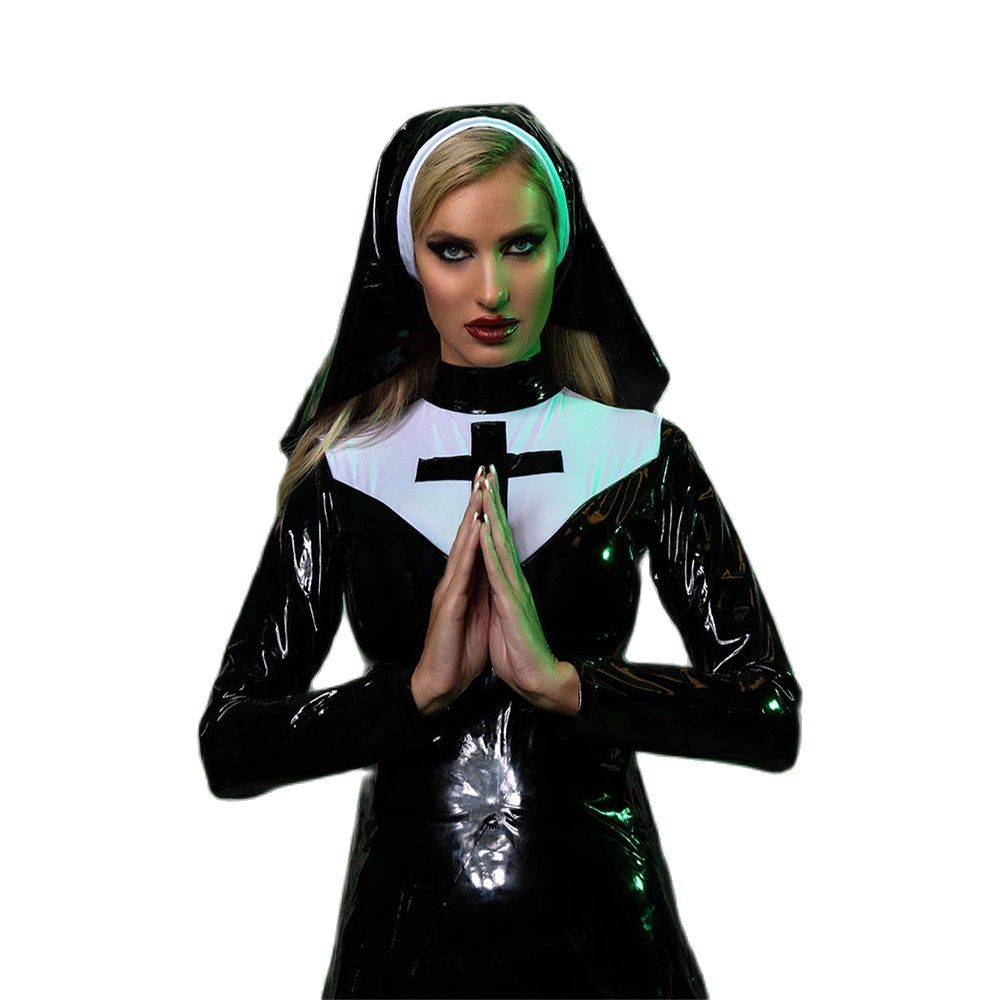 Saintlike Seductress Costume Sexy Vinyl Nun Halloween Costume Dress