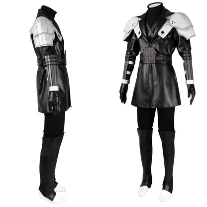 Teen Sephiroth Cosplay Costume Black Leather Fantasy Coat with Armor Accessories Custom Size Available