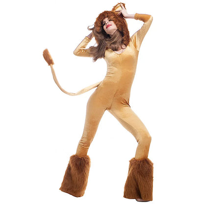 Animal Cartoon Lion Plush Hooded Jumpsuit With Tail+Leg Cover  Halloween Costume For Adult Women Lion King Cosplay