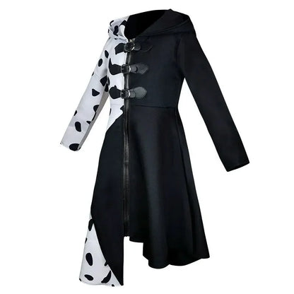 Women Evil Madame Cruella De Vil Cosplay Costume Gown Black White Hoodie Dress Gloves Suit Halloween Carnival Masquerade Clothes