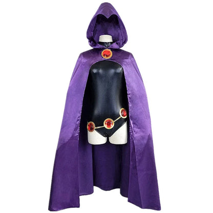 Teen Titans Super Hero Raven Cosplay Costume Women Leather Bodysuit Hooded Cloak Suit Sexy Jumpsuits Halloween Carnival Costume