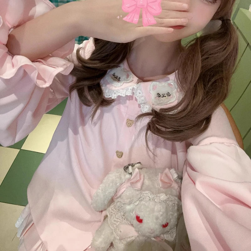 Japanese Cute Lolita Style Blouses Women Kawaii  Bear Ear Embroidery Peter Pan Collar Shirts Tops Sweet Puff Sleeve Blusas Mujer