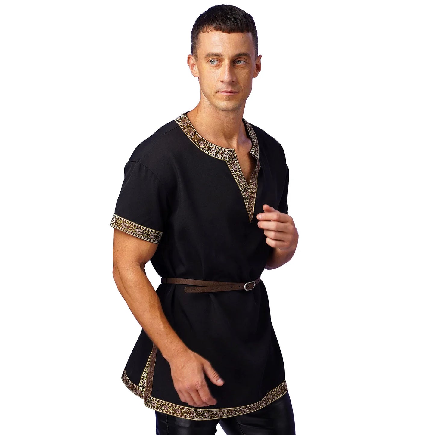 Mens Medieval Renaissance Viking Tunic Tops Halloween Party Roman Knight Cosplay Costumes Short Sleeve Retro Shirt Top with Belt