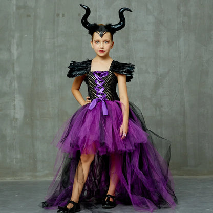 Maleficent Halloween Costume Maleficent Tulle Dresses Girls Cosplay Evil Queen Purple Mesh Princess Dress Kids Crow Wand