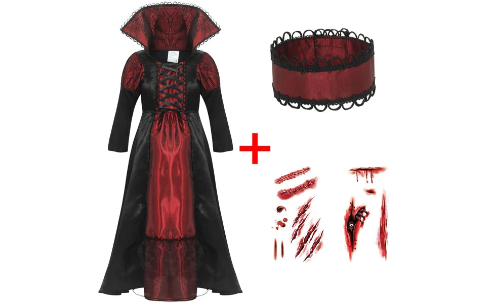 Girls Halloween Costume Vampire Dress Up Child Vampiress Role Play Carnival Party Cosplay Outfits with Stickers