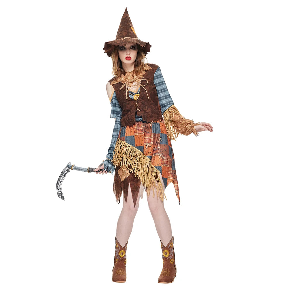 Women Wicked Scarecrow Cosplay Halloween Costumes Stage Show Performance Costume With Hat Carnival Purim Fancy Dress