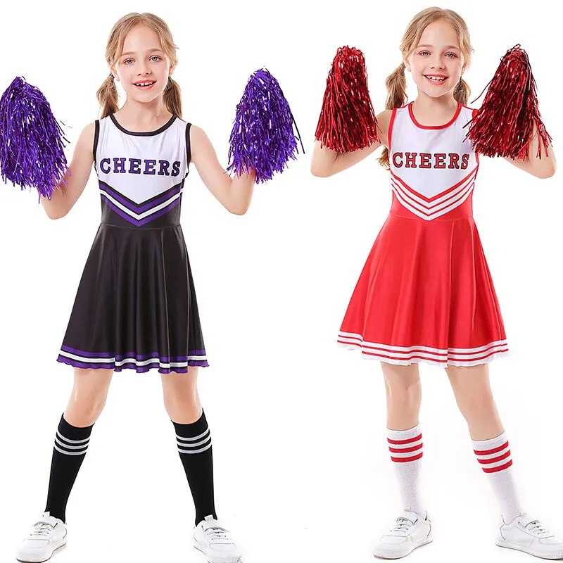 School Kids Cheerleading Costume Girls Cheerleader Uniforms Cheer Dance Outfits for Halloween Cosplay Dress With Socks Flower