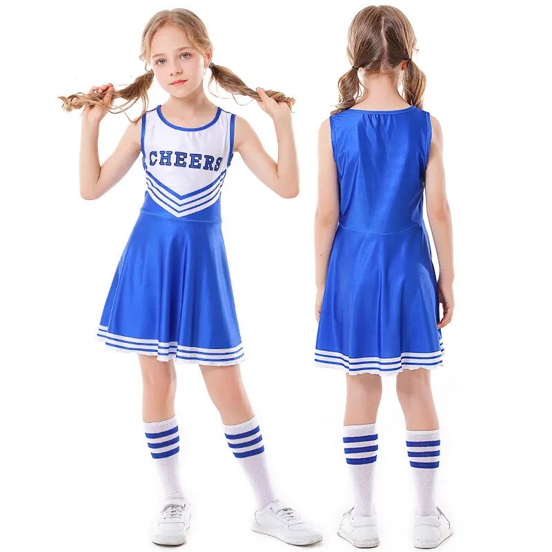 School Kids Cheerleading Costume Girls Cheerleader Uniforms Cheer Dance Outfits for Halloween Cosplay Dress With Socks Flower