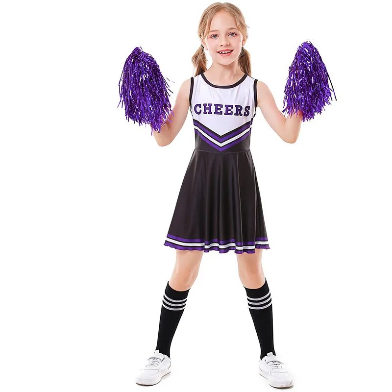 School Kids Cheerleading Costume Girls Cheerleader Uniforms Cheer Dance Outfits for Halloween Cosplay Dress With Socks Flower