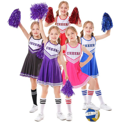 School Kids Cheerleading Costume Girls Cheerleader Uniforms Cheer Dance Outfits for Halloween Cosplay Dress With Socks Flower