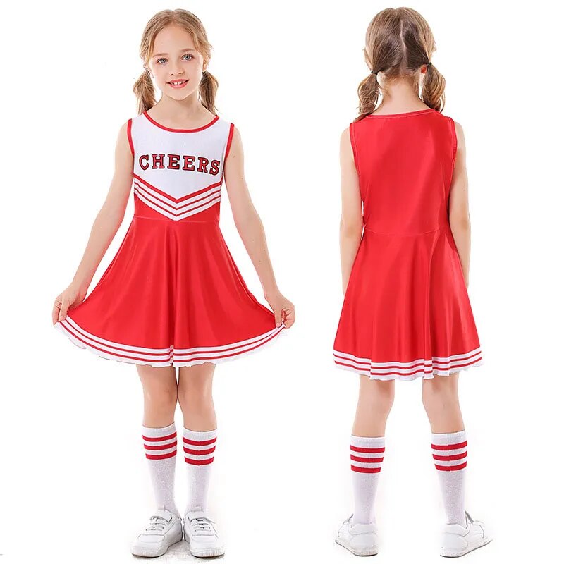 School Kids Cheerleading Costume Girls Cheerleader Uniforms Cheer Dance Outfits for Halloween Cosplay Dress With Socks Flower