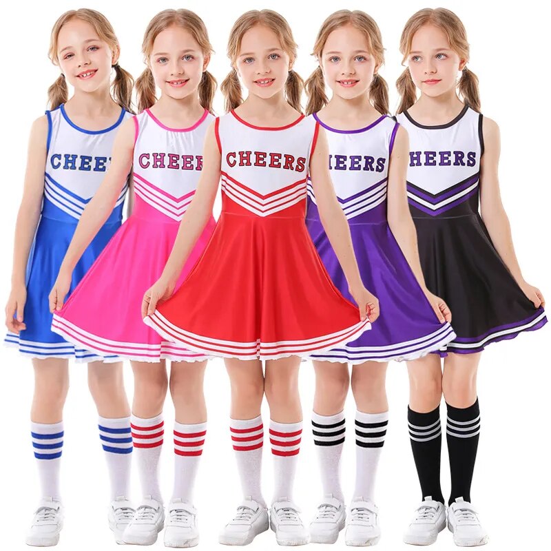 School Kids Cheerleading Costume Girls Cheerleader Uniforms Cheer Dance Outfits for Halloween Cosplay Dress With Socks Flower