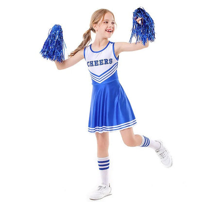 School Kids Cheerleading Costume Girls Cheerleader Uniforms Cheer Dance Outfits for Halloween Cosplay Dress With Socks Flower