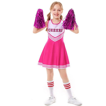 School Kids Cheerleading Costume Girls Cheerleader Uniforms Cheer Dance Outfits for Halloween Cosplay Dress With Socks Flower