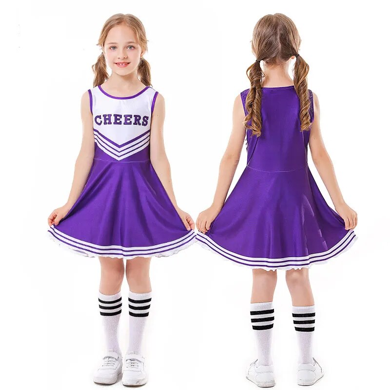 School Kids Cheerleading Costume Girls Cheerleader Uniforms Cheer Dance Outfits for Halloween Cosplay Dress With Socks Flower