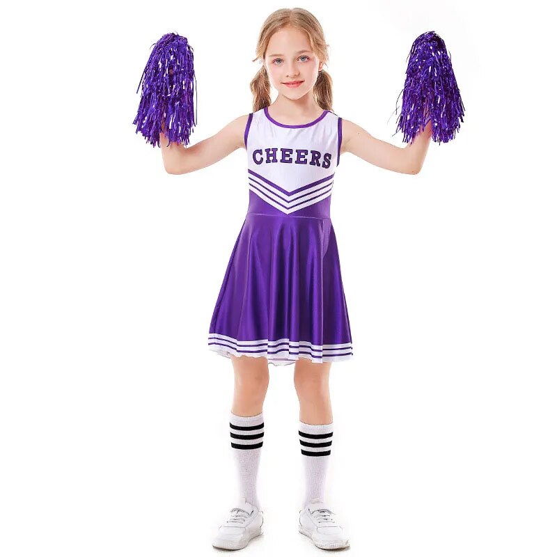 School Kids Cheerleading Costume Girls Cheerleader Uniforms Cheer Dance Outfits for Halloween Cosplay Dress With Socks Flower