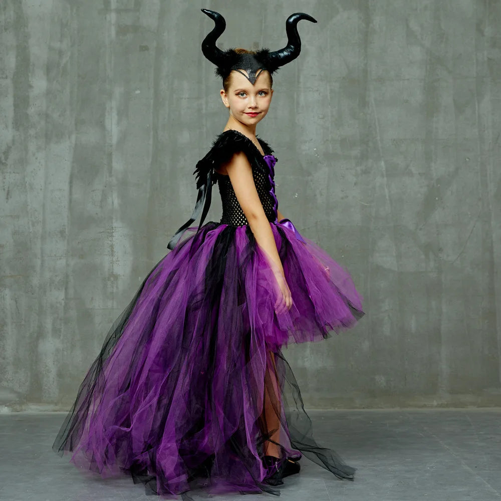 Maleficent Halloween Costume Maleficent Tulle Dresses Girls Cosplay Evil Queen Purple Mesh Princess Dress Kids Crow Wand