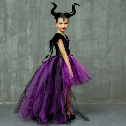 Maleficent Halloween Costume Maleficent Tulle Dresses Girls Cosplay Evil Queen Purple Mesh Princess Dress Kids Crow Wand